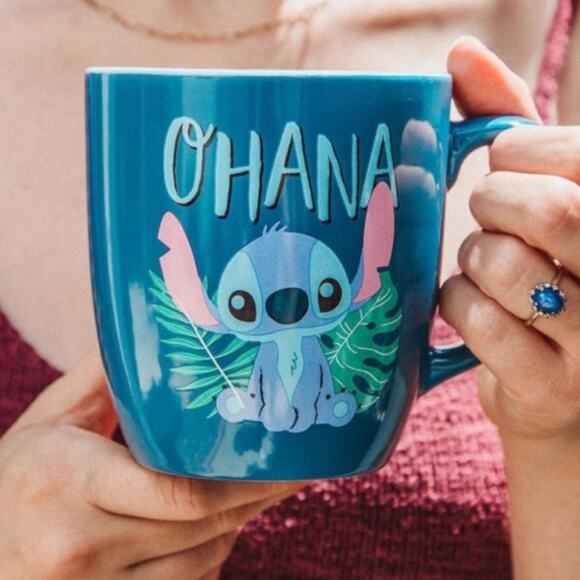 Disney Stitch Coffee Mug‎ 18oz Cup Ohana Blue Hawaii Hawaiian Palm Tropical Blue - Picture 1 of 9